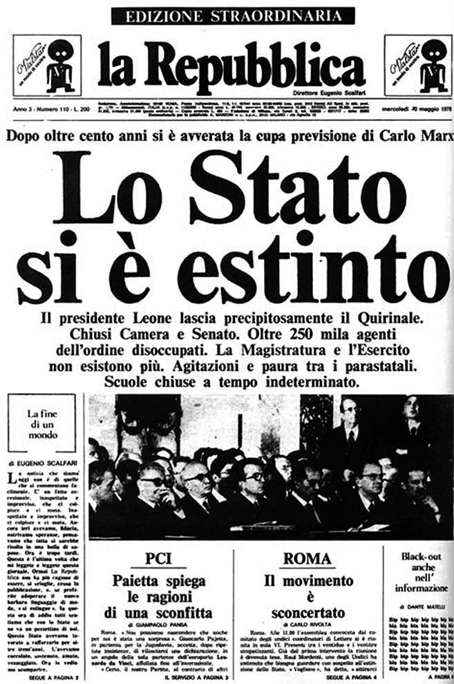 Portada del número falso de La Repubblica, 1978. Obra del colectivo Il Male.